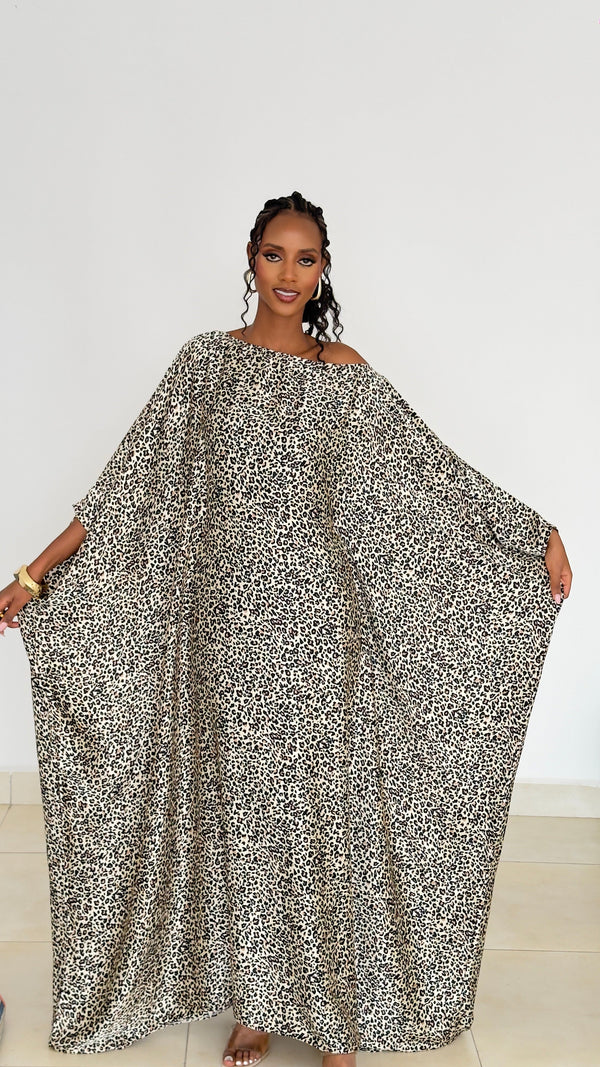 Ivory Leopard Kaftan -Silk Maxi Dress