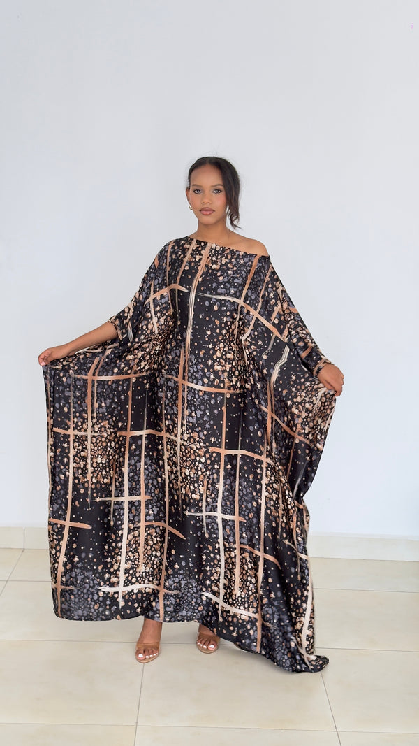 Midnight Grid Kaftan -Silk Maxi Dress