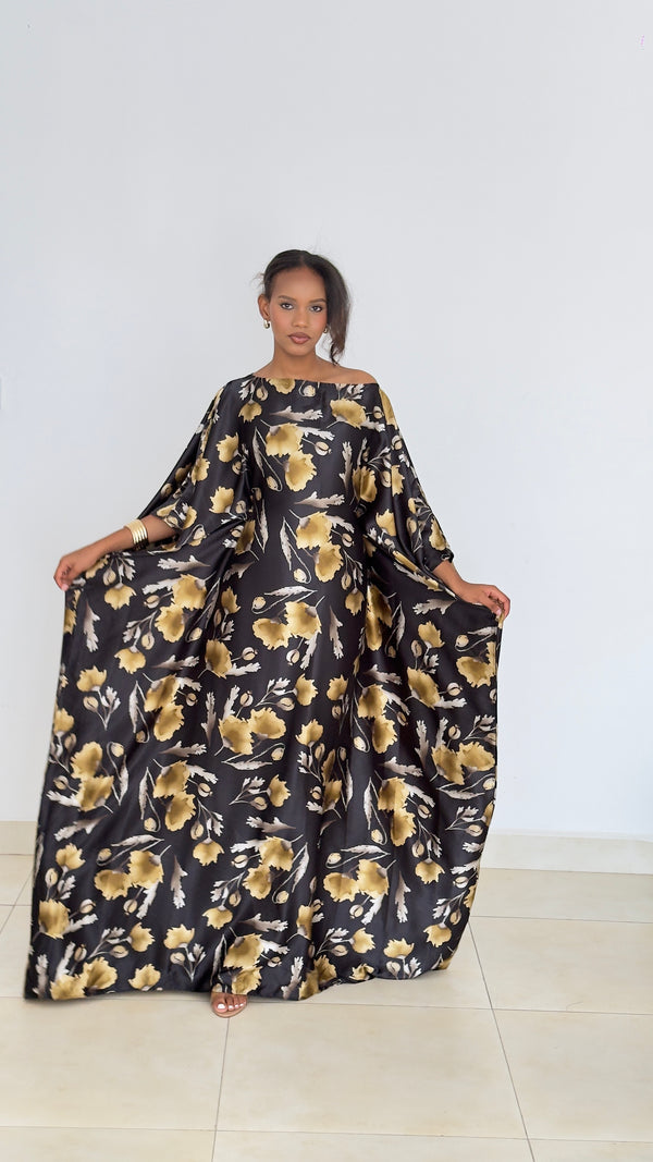 Golden Noir Bloom Kaftan -Silk Maxi Dress