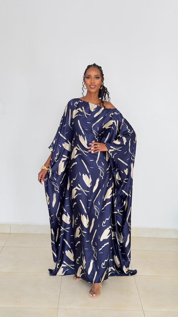 Midnight Brushstroke Kaftan -Silk Maxi Dress